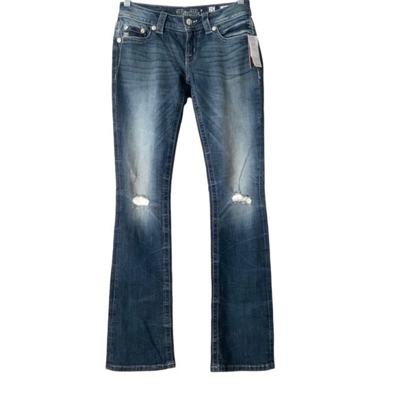 Miss Me Signature Distressed Flap Pocket Slim Boot Jeans Blue 25 - Picture 2 of 11